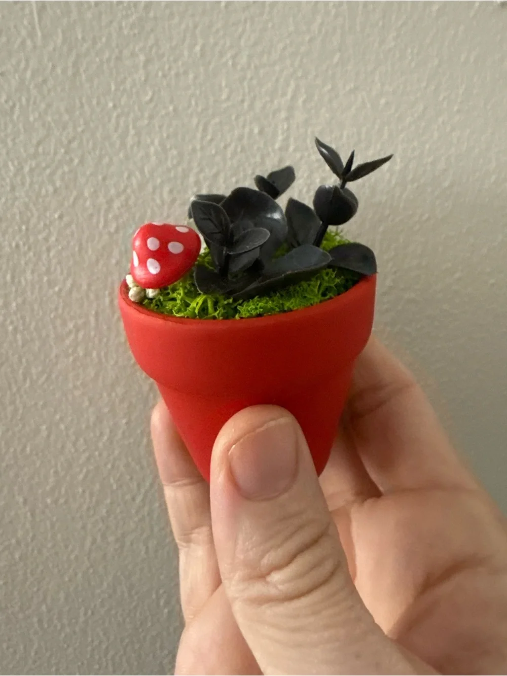 Handmade Red Mini Decorative Planter with Black Leaf Accents and Clear Crystal